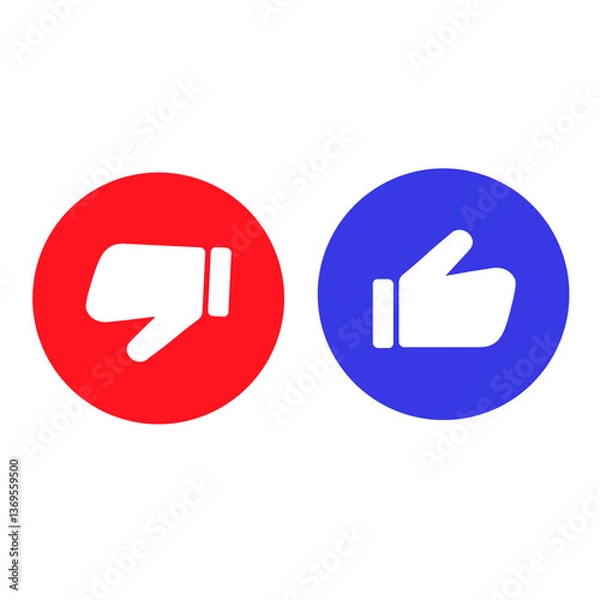 Obraz Like and dislike icon symbol in circle with red and blue color isolated on white background. Thumbs up and thumbs down vector illustration. Suitable design for feedback and rating icon set. App icon.
