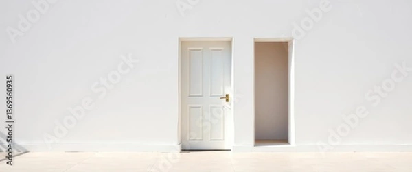 Fototapeta Clean whitewashed wall with simple closed door, recessed doorframe, room, background, vintage