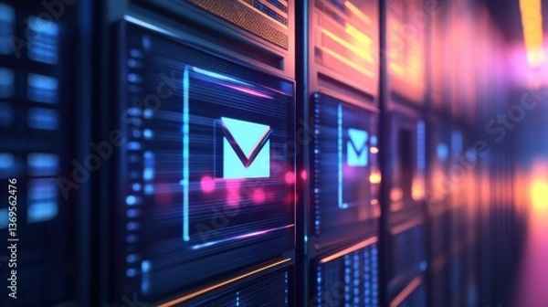 Obraz Modern data center showcasing digital email icons on server racks illuminated by colorful lights