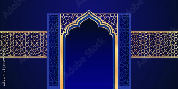 Fototapeta Traditional arabic design. Ramadan Kareem concept banner with gold frame. Horizontal banner template. Vector illustration.