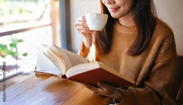 Fototapeta カフェでコーヒーを飲みながら本を読む女性