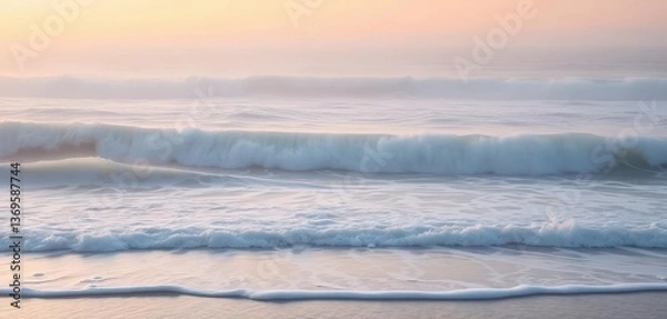 Obraz Misty dawn, rolling waves breaking on shore, grey ocean, surf, grey, morning