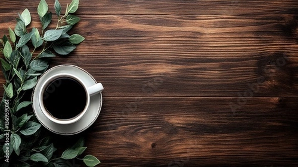 Obraz Top view flat lay of wooden table with coffee and green plant on dark brown wood texture. Product display mockup with natural rustic backdrop for branding and design.