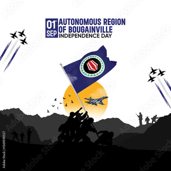 Fototapeta Autonomous Region of Bougainville Independence Day celebration featuring the Autonomous Region of Bougainville flag, the Bougainville Army, and a patriotic flag design illustration.