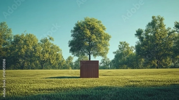 Fototapeta Empty podium made of grass standing on a wide grassy field, blue sky and trees in the background
