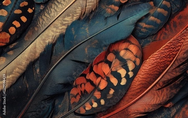 Fototapeta Colorful autumn leaves and feathers with soft fabric texture and intricate patterns in close-up detail