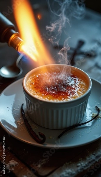 Obraz Close-up of creme brulee being torched for caramelized sugar crust and smoke, culinary dessert preparation with custard and vanilla bean.