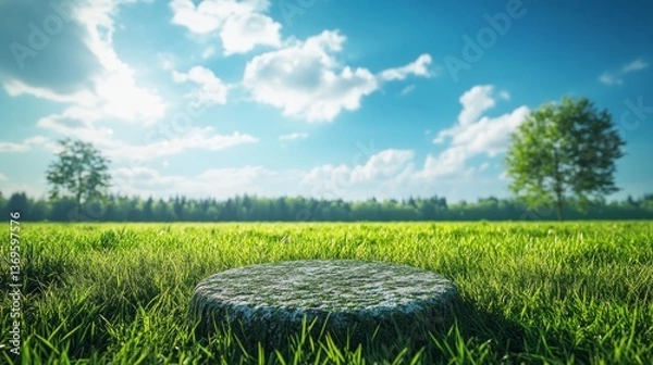 Fototapeta Outdoor shot of a grass podium in the middle of a large grass field, under a bright, cloudless blue sky, trees on the horizon