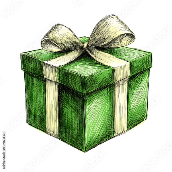 Fototapeta A Beautifully Wrapped Emerald Green Gift Box Tied With A Creamy Yellow Ribbon, Promising Joy And Anticipation, Sketched With Expressive Hand-drawn Detail Isolated on Transparent Background