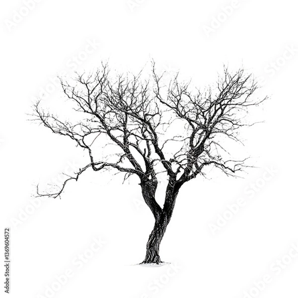 Fototapeta A Stark, Solitary Tree Stands Against A Bright White Winter Sky, Its Branches Reaching Upward In Silent Resilience, A Monochrome Study Of Natures Endurance Isolated on Transparent Background