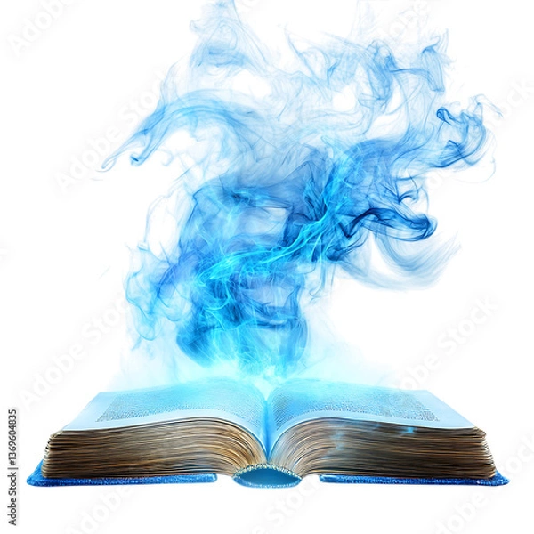 Fototapeta An Ancient Book Reveals Mystical Blue Flames, A Magical Story Unfolding In Ethereal Smoke Against A Stark Isolated on Transparent Background