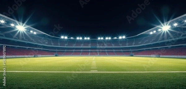 Obraz Vast empty football field illuminated by powerful spotlights at night, silence, night scene