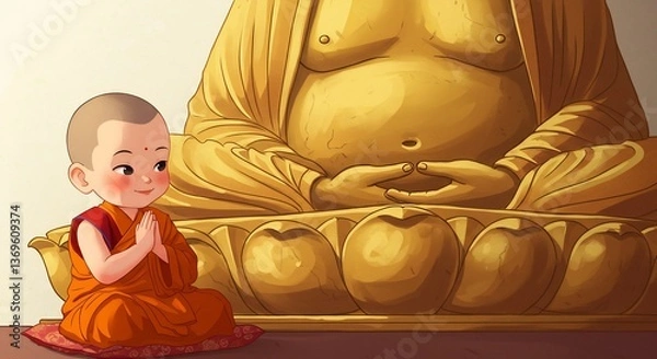 Fototapeta Young monk peacefully prays before golden Buddha statue warm light illuminates serene scene. AI Generated