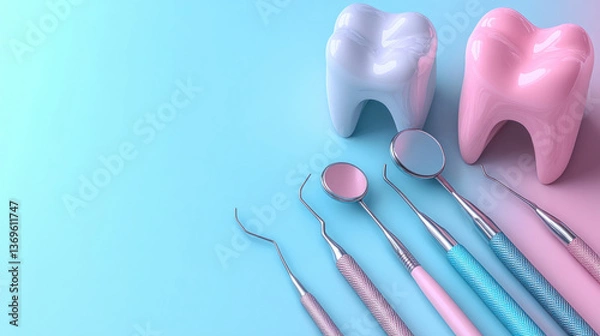 Fototapeta A pastel-themed dentist tools background with soft pink and blue hues, creating a calming effect