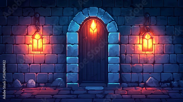 Fototapeta Mysterious Stone Doorway with Glowing Lanterns in a Dark Medieval Castle Wall Pixel Art Style