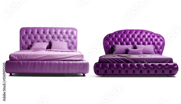 Fototapeta Front view of Luxurious Purple Tufted Bed with Padded Headboard and Decorative Pillows Isolated on Transparent Background 