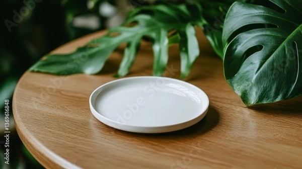 Obraz Close-up of white plate on wooden table with tropical plants. Sunlit mockup for natural product display and design.