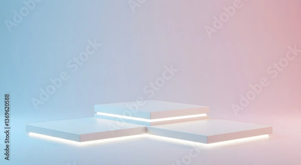 Fototapeta Staggered White Platforms with Soft Glowing Edges and Gradient Blue-Pink Backdrop
