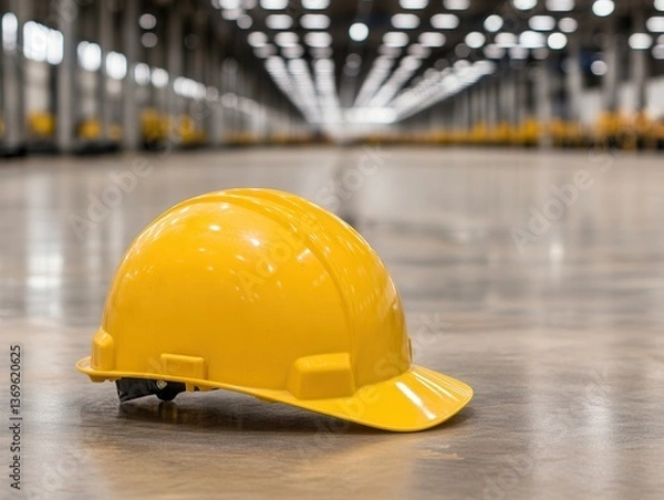 Fototapeta A yellow hard hat rests on a polished floor in a spacious industrial setting, highlighting safety in a work environment.