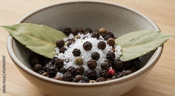 Fototapeta Warm light illuminates aromatic peppercorns salt bay leaves nestled in bowl. AI Generated