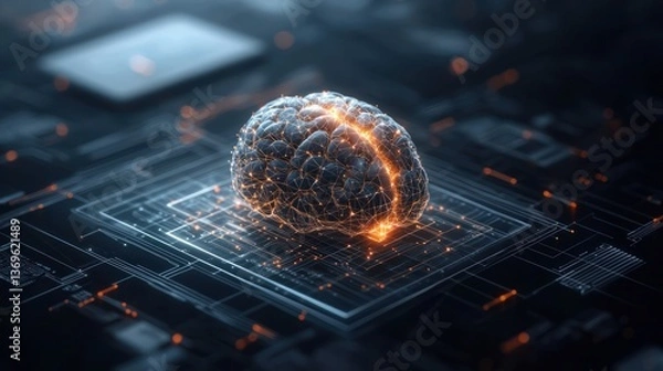 Fototapeta A digital brain rests on a circuit board, glowing with internal light, symbolizing AI and neural networks