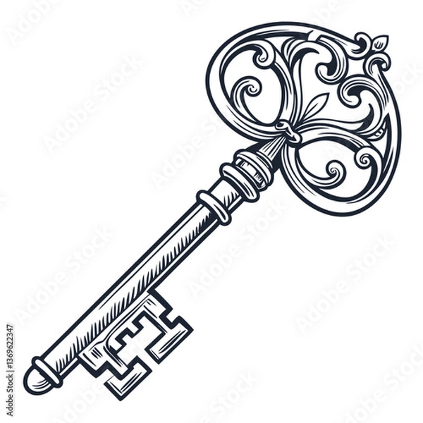 Obraz Vintage Style Vector Illustration of a Detailed Skeleton Key with Ornate Decorations