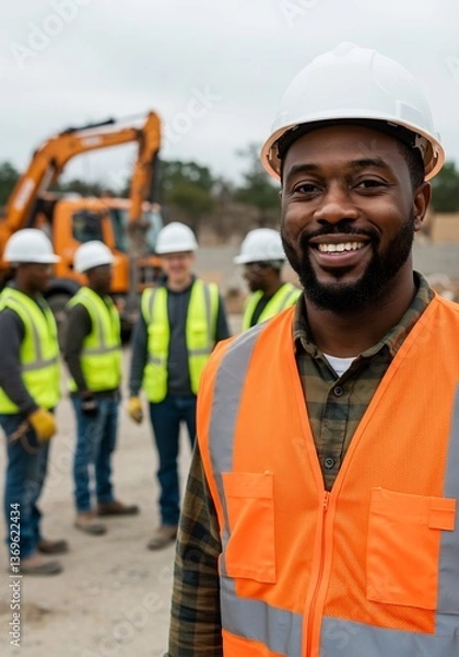 Fototapeta Smiling construction worker team leader bright daylight. AI Generated