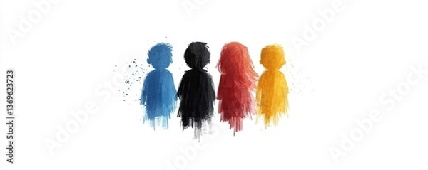 Fototapeta Four abstract figures in vibrant colors representing diversity and connection against a white background.