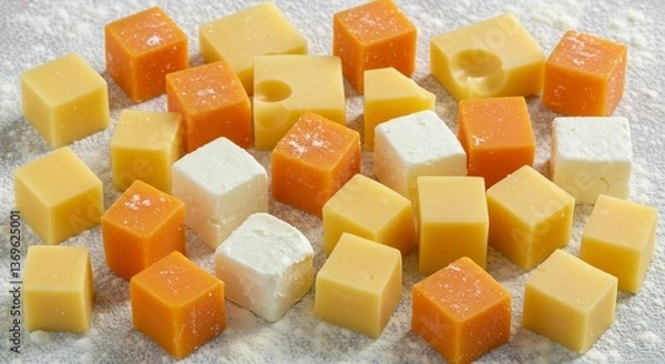 Fototapeta Vibrant Cheese Cubes Gleaming Soft Light. AI Generated