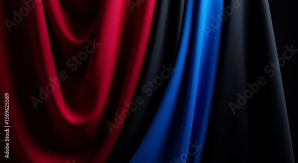 Fototapeta Rich crimson blue black fabrics dramatically draped low light setting. AI Generated