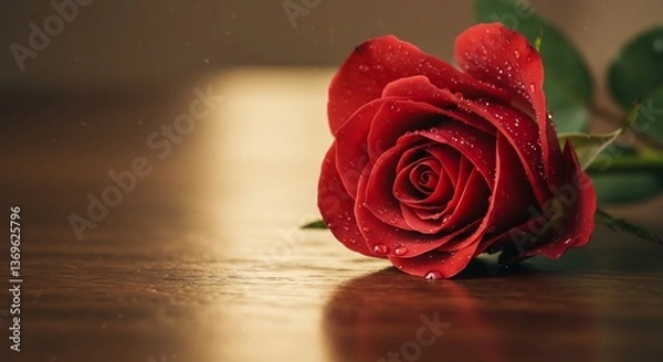 Fototapeta Single Red Rose Softly Lit Warm Wood Background. AI Generated