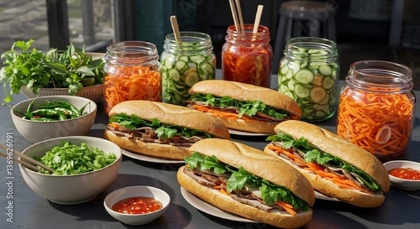 Fototapeta Delicious Banh Mi Sandwiches Vibrant colors illuminate freshly prepared Vietnamese sandwiches and colorful pickled vegetables. AI Generated
