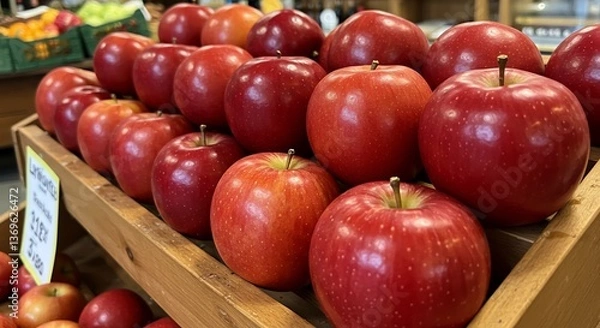 Fototapeta Vibrant red apples gleam softly under warm lighting neatly arranged on rustic wooden display. AI Generated