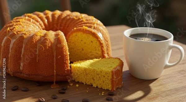 Fototapeta Golden citrus cake and steaming coffee delightfully arranged on warm wood. AI Generated