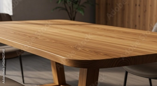 Fototapeta Warm light illuminates smooth wood grain of elegant dining table. AI Generated