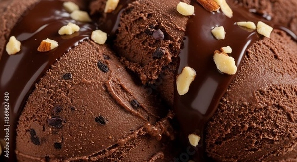 Fototapeta Rich Dark Chocolate Ice Cream Drizzled with Ganache and Almonds. AI Generated