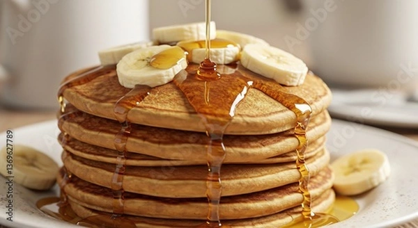 Fototapeta Golden syrup streams over fluffy pancakes topped with sliced bananas a delicious breakfast scene. AI Generated