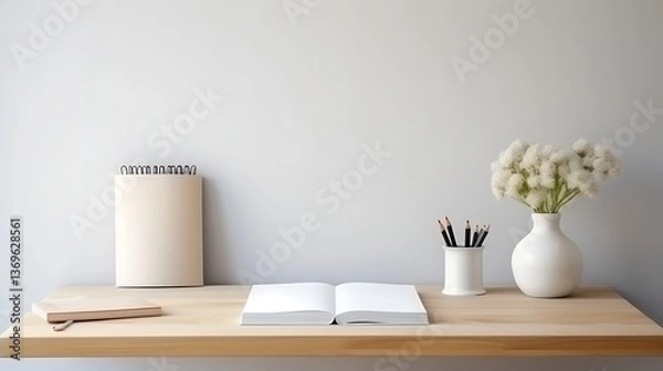 Obraz Minimalist Workspace Featuring Open Book and Flowers