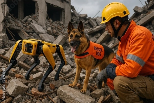 Fototapeta Trained Rescue Dogs Saving Lives After Earthquake. A rescue worker interacts with a robotic dog and a German shepherd in a disaster site.