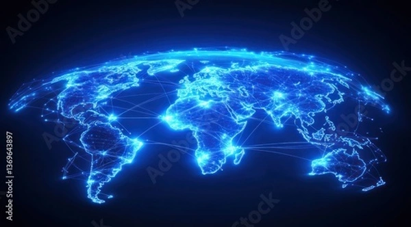 Fototapeta A global network concept with glowing connections across the Earth, symbolizing connectivity and business exchange between different countries