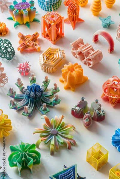 Fototapeta Colourful Display of 3D Printed Objects: Showcasing Versatility, Innovation, and Craftsmanship