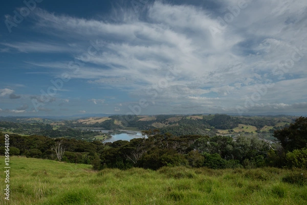 Fototapeta Elevated view of the countryside overlooking the Puhoi River at Wenderholm Regional Park, Auckland, New Zealand.