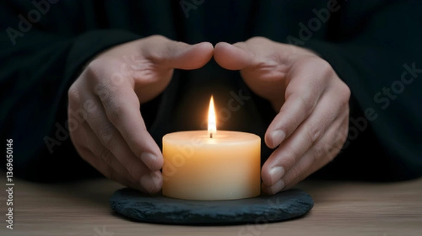 Obraz Close Up of Hands Protecting a Lit Yellow Candle on Dark Wooden Table