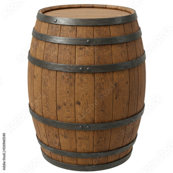 Fototapeta A full view of a wooden barrel with metal hoops against a black and white background isolated barrel
