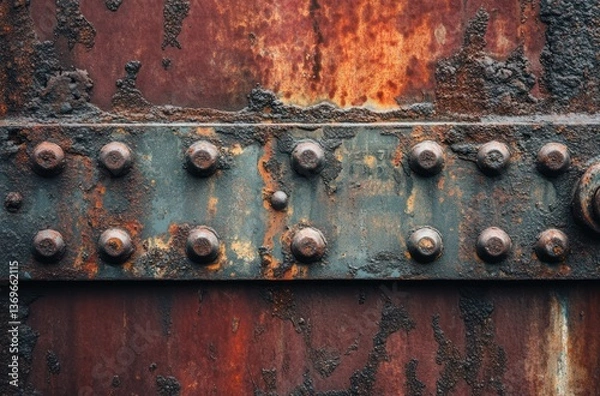 Obraz Flat texture of a metal plate with rivets, set against a dark, grungy background.