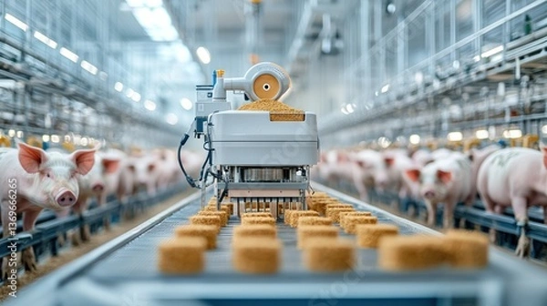 Fototapeta Automated system dispensing feed to pigs in a modern, clean facility