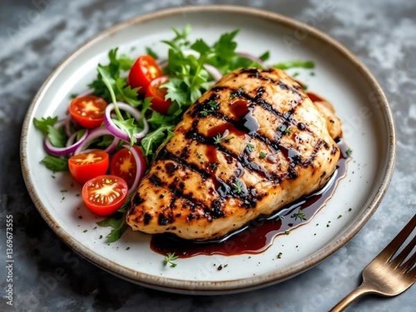 Obraz A succulent grilled chicken breast, glistening with a rich balsamic glaze, served alongside a vibrant arugula salad with juicy cherry tomatoes and red onion, on a rustic plate.