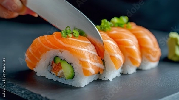 Obraz A chef slicing fresh sushi rolls with precise knife skills and vibrant colors of ingredients cinematic and appetizing