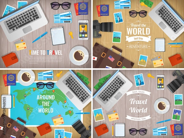 Fototapeta Traveller items on a wooden desk. Travel and Tourism. Vector