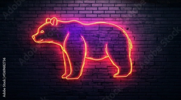 Fototapeta A full-length bear is drawn with a glowing neon line against a brick wall background. A glowing neon sign forms a contour drawing of a full-length bear against a dark grunge-style brick wall.	